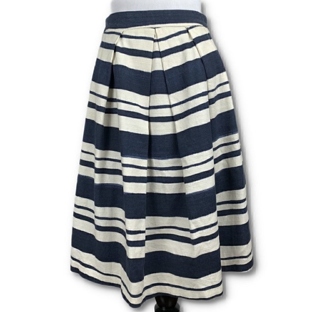Zara Navy and White Striped A-Line Midi Skirt